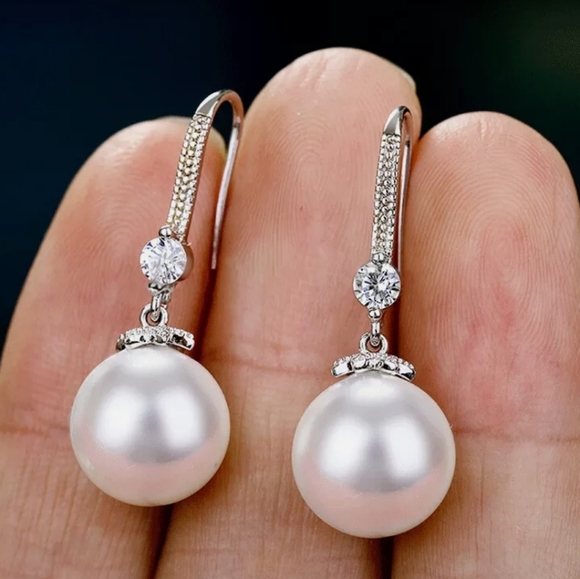 NEW 925 Silver Pearl & Diamond Drop Earrings - Picture 2 of 5